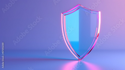 Futuristic shield with neon lights on a blue and pink gradient background symbolizing digital security and protection.