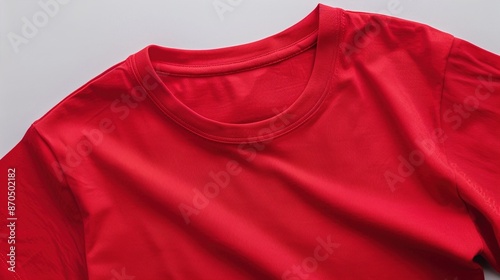 Close-up of a women's red T-shirt, laid flat with a white background.
