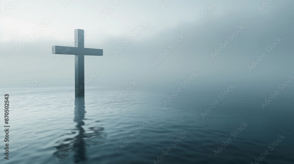 3d render of minimalistic christian cross on water surface, foggy background, soft light, neutral colors, copy space for text 3d render of minimalistic christian cross on water surface, foggy background, soft light, neutral colors, copy space for text