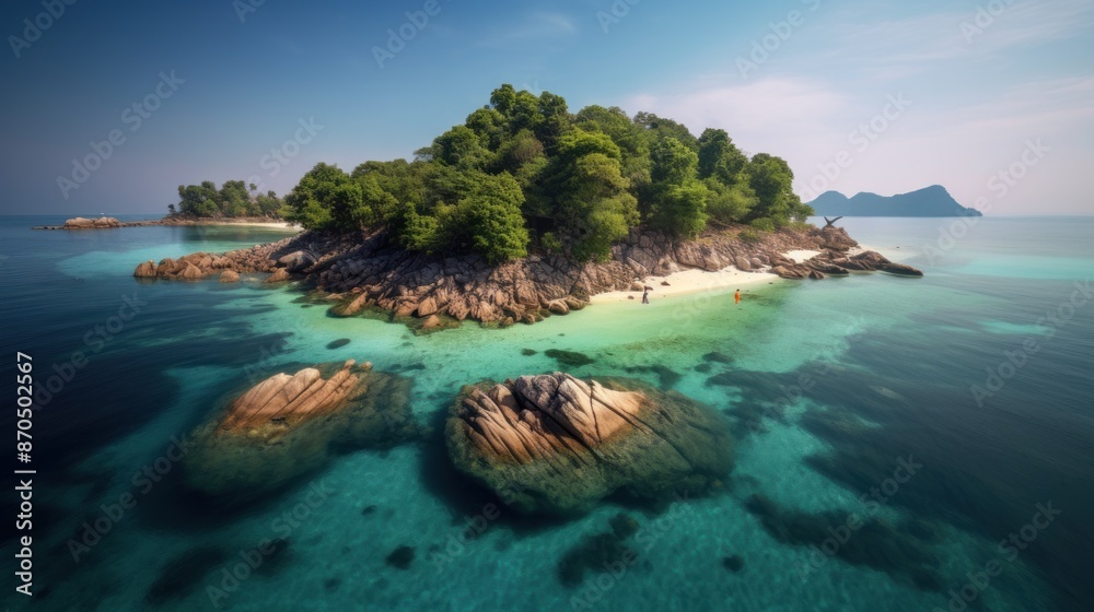 Fototapeta premium A beautiful small island with white sandy beaches, surrounded by clear light blue and green sea water