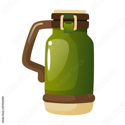 Thermos for hot drinks, tea, coffee, water. Thermal mug, reusable bottle, eco-friendly glass. Thermos with a handle, dishes for camping, walking, picnics on a white background.