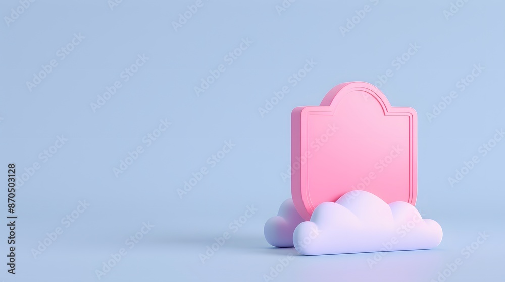 Minimalistic 3D pink tombstone on cloud with blue background. Concept of funerals, memory, and dreams.