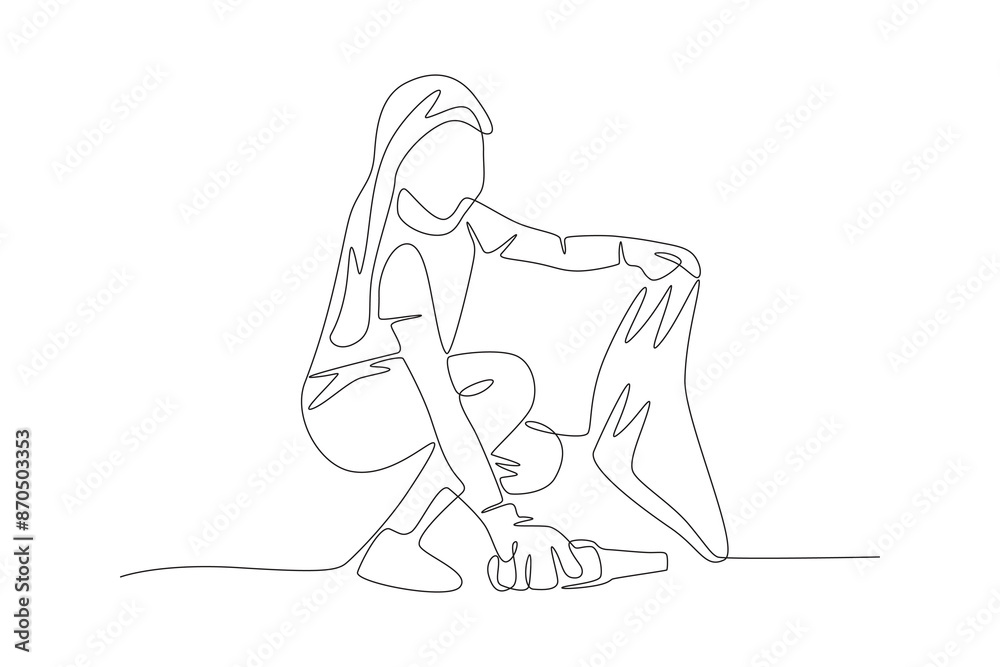 Girl cleaning up trash. Community care concept one-line drawing Girl cleaning up trash. Community care concept one-line drawing