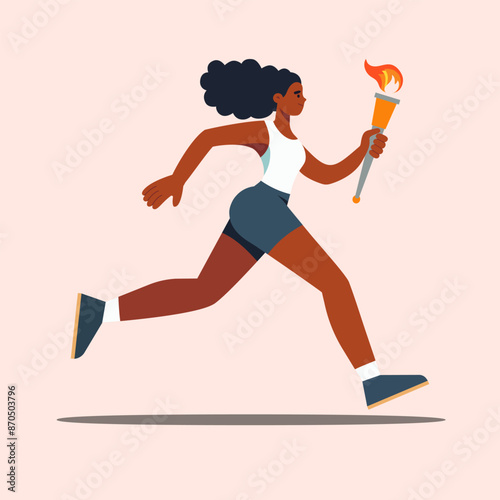 Sports running girl athlete with a torch. Female torchbearer at an international sports event. Vector illustration