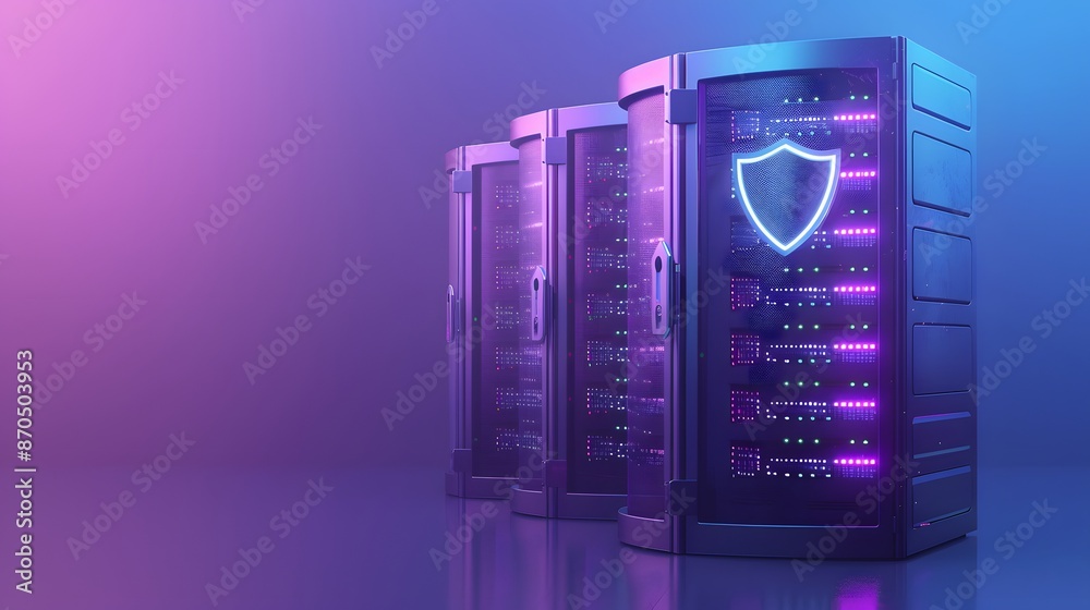 Modern server racks with neon lights and a glowing shield, symbolizing ...