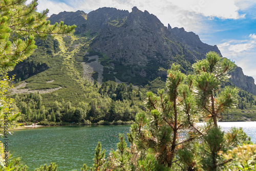 Fototapeta Naklejka Na Ścianę i Meble -  Krajobraz z malowniczym brzegiem górskiego jeziora w słowackich Tatrach