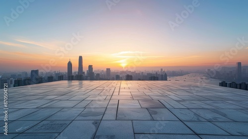 Skyline Plaza cityscape photography, sunrise lighting, bird's eye perspective © Hague