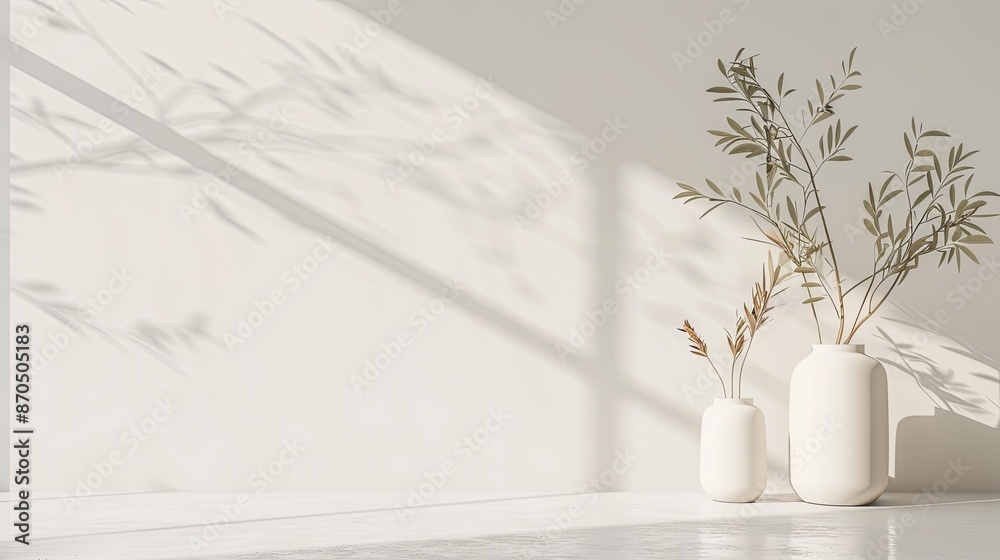 Fototapeta premium Minimalist interior design featuring a white room with potted plants, emphasizing simplicity, elegance, and natural decor.