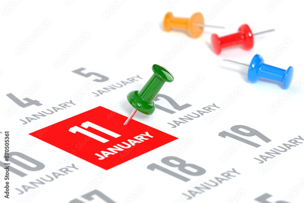 January Calendar with Green Pushpin. Calendar Concept Using White Background and Simple Composition. 3d Rendering January Calendar with Green Pushpin. Calendar Concept Using White Background and Simple Composition. 3d Rendering