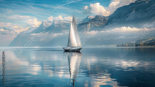 A sailboat glides across the serene lake with mountains in the background