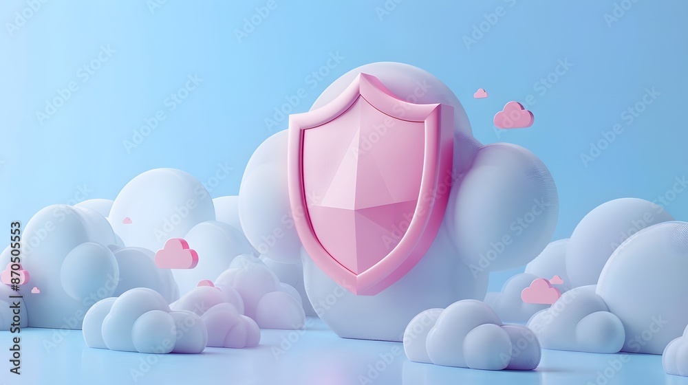 Pink shield on fluffy clouds with soft blue background. Concept of security, protection, and cloud technology. Minimalistic 3D illustration. Pink shield on fluffy clouds with soft blue background. Concept of security, protection, and cloud technology. Minimalistic 3D illustration.