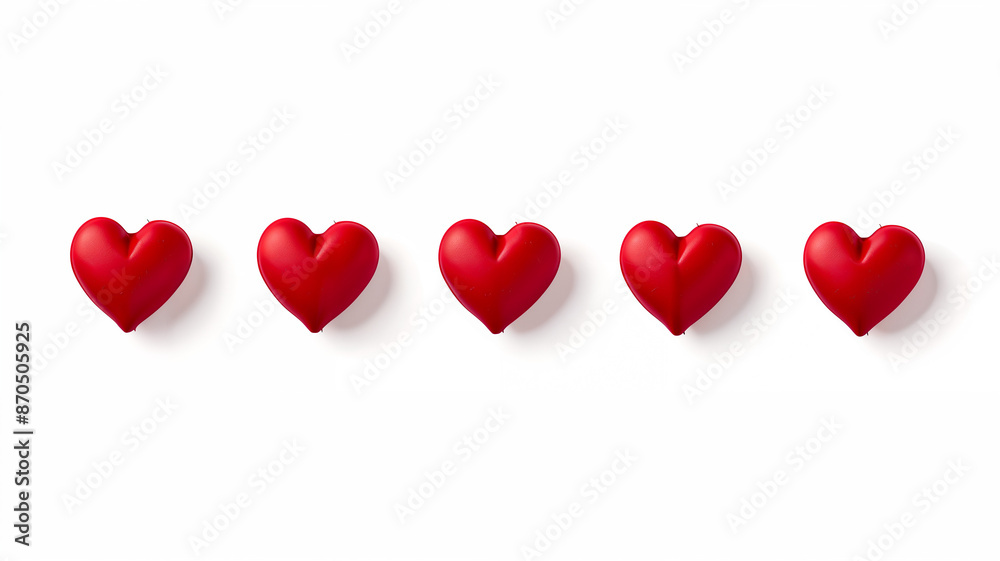 Five red heart-shaped balloons in a straight line. Five red heart-shaped balloons in a straight line.