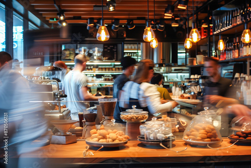 Busy Cafe Scene Capturing the Hustle and Bustle of Customers and Staff Interacting Amidst Modern Decor and Warm Lighting