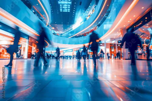 Blurred Image of People Moving Through a Modern Indoor Space Representing Activity and Commerce