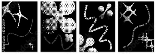 Monochrome retro Y2K brutal posters with abstract vector bitmap effect that imitates pixels. Y2K modern graphic elements and geometric shapes. Vector EPS 10
