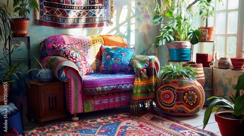 Bohemian Armchair: A colorful, eclectic armchair with bohemian patterns and textures, surrounded by vibrant decor such as tapestries, plants, and ethnic rugs. Generative AI © Hokmiran