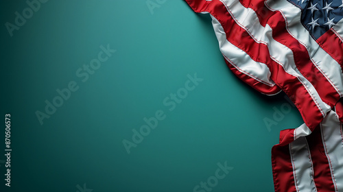 Celebrate Memorial Day, Independence Day! Banner with Copy Space, USA American Flag Elements, blue green background © Herseliia