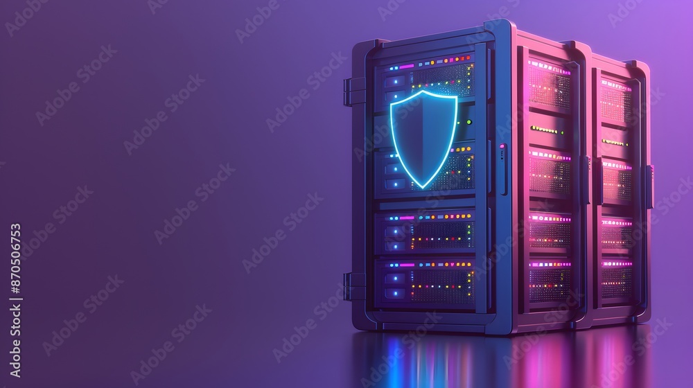 Secure server with neon shield symbol, representing cybersecurity, data protection, and information technology. Brightly lit data center.