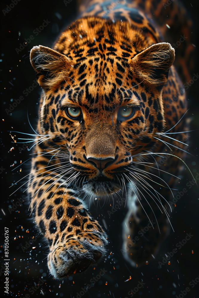leopard jumping in flight on black background leopard jumping in flight on black background