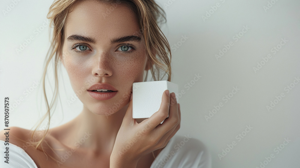 Attractive woman holds a white box close to her face showcasing the beauty care product Attractive woman holds a white box close to her face showcasing the beauty care product