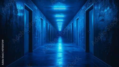 A long hallway with blue walls and blue doors