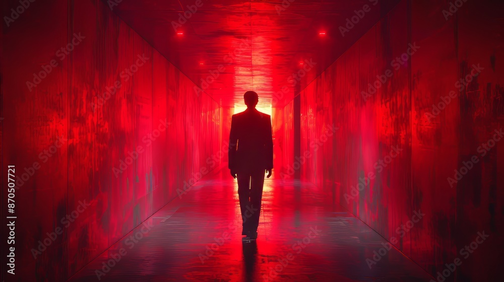 A man walks through a red tunnel A man walks through a red tunnel
