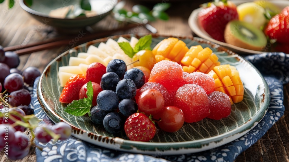 A colorful fruit platter with strawberries, blueberries, grapes, kiwi, mango, and melon on a rustic wooden table. A colorful fruit platter with strawberries, blueberries, grapes, kiwi, mango, and melon on a rustic wooden table.