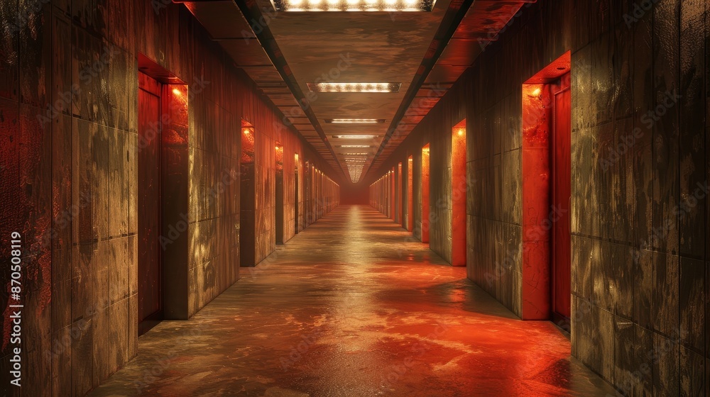 A long, narrow hallway with red walls and red lights A long, narrow hallway with red walls and red lights