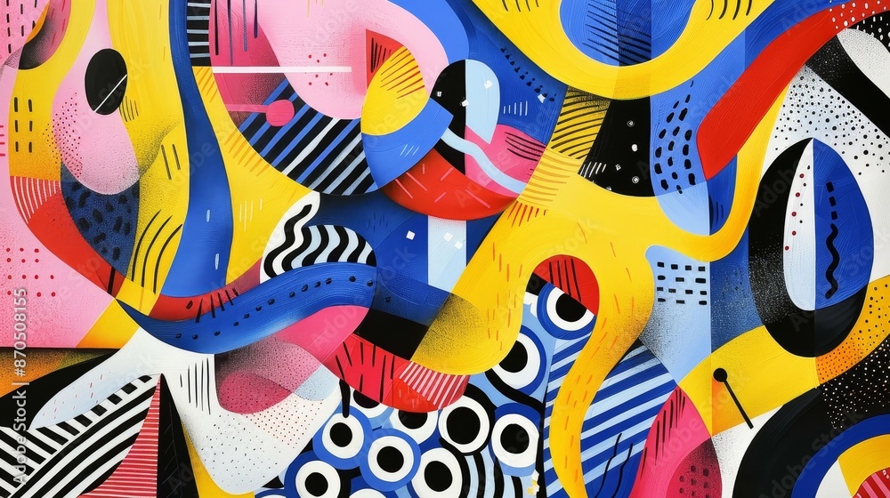 A colorful abstract painting with a lot of different shapes and lines A colorful abstract painting with a lot of different shapes and lines