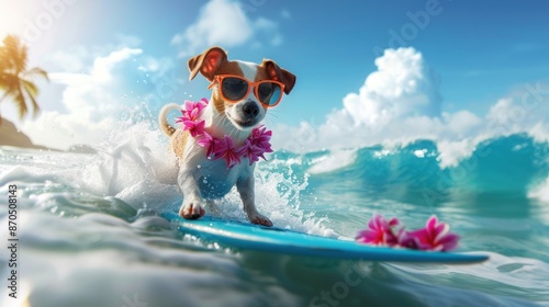 jack russell dog surfing on a wave , on ocean sea on summer vacation holidays, with cool sunglasses and flower chain --ar 16:9 Job ID: c0328c65-0468-4151-95ab-4606c12a0292