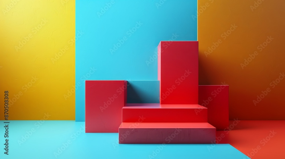 A colorful room with a red step stool in the middle A colorful room with a red step stool in the middle