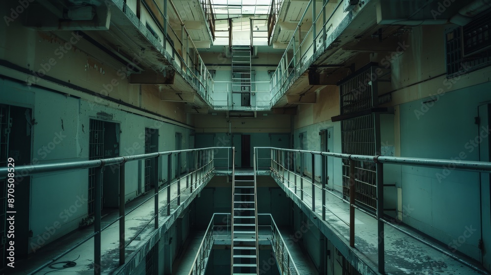 A haunting view of an abandoned prison, with barred corridors and a single, shadowed figure at the top of the stairs. A haunting view of an abandoned prison, with barred corridors and a single, shadowed figure at the top of the stairs.