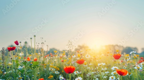 Sunny Meadow with Blooming Flowers at Sunrise