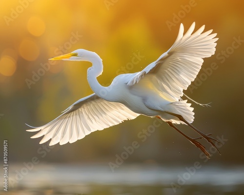 A majestic white egret in flight with wings spread wide, soaring against a golden sunset sky.