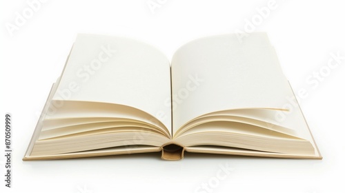 An open hardcover book with blank pages lying flat on a white background.