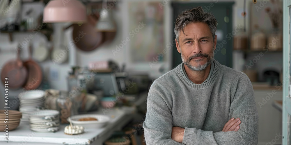 Small business owner at entrance looking at camera Small business owner at entrance looking at camera