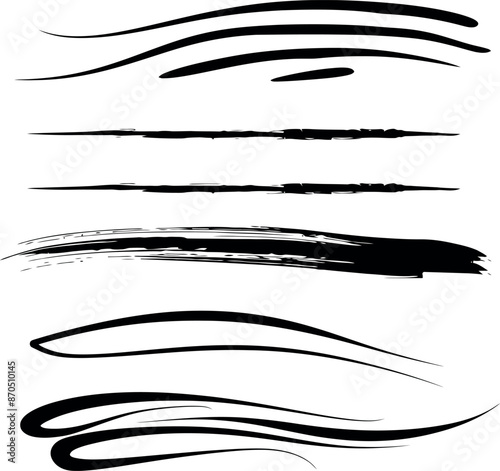 Diverse black brush stroke lines on white backdrop, ideal for creative, design, or decorative projects.
