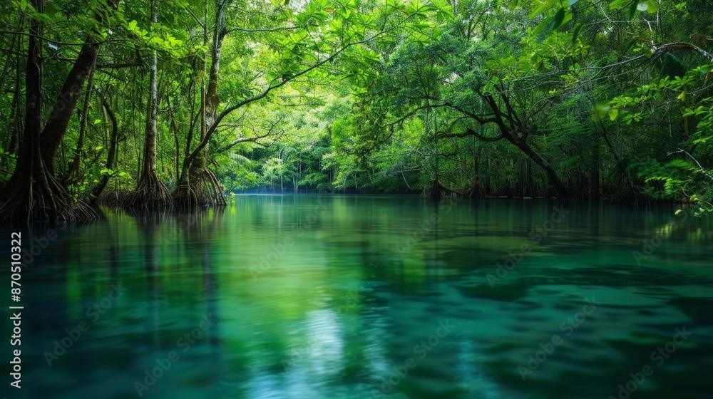 A serene river flows through a lush, green forest, sunlight filtering through the dense canopy. A serene river flows through a lush, green forest, sunlight filtering through the dense canopy.