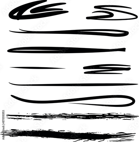 A collection of black brush stroke lines on a white backdrop, perfect for art, design, or decor uses.

