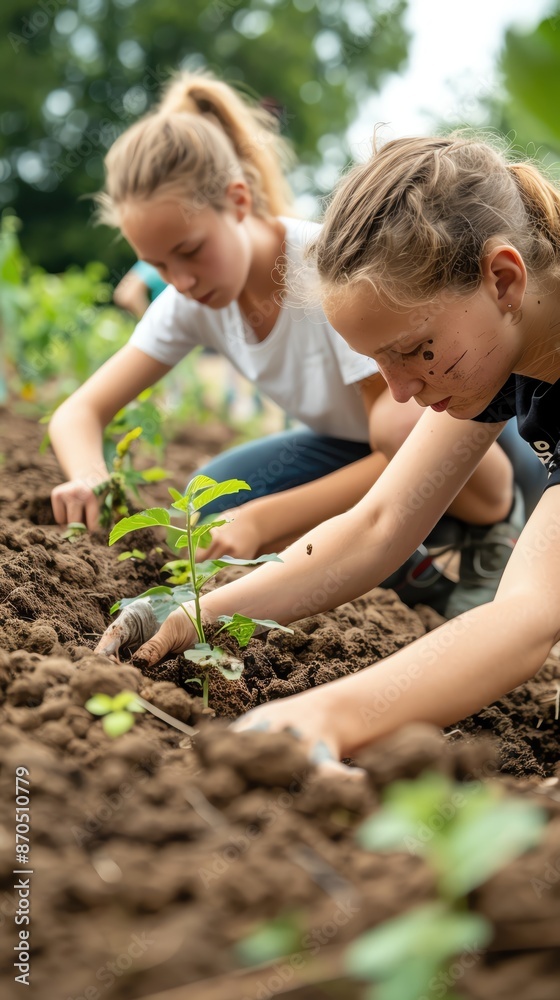 Two young girls are focused on planting seedlings in a garden. They are working in a row of soil on a bright, sunny day. Two young girls are focused on planting seedlings in a garden. They are working in a row of soil on a bright, sunny day.