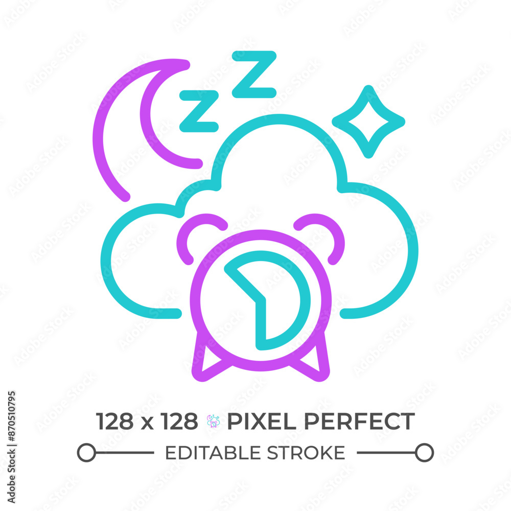 Healthy sleep two color line icon. Bedtime. Sleeping importance. Crescent moon and alarm clock bicolor outline symbol. Duotone linear pictogram. Isolated illustration. Editable stroke Healthy sleep two color line icon. Bedtime. Sleeping importance. Crescent moon and alarm clock bicolor outline symbol. Duotone linear pictogram. Isolated illustration. Editable stroke