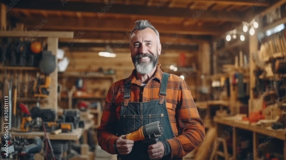 A man with a beard and mustache is smiling in a workshop A man with a beard and mustache is smiling in a workshop