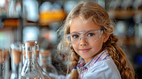 a blonde girl in a school laboratory around flasks 