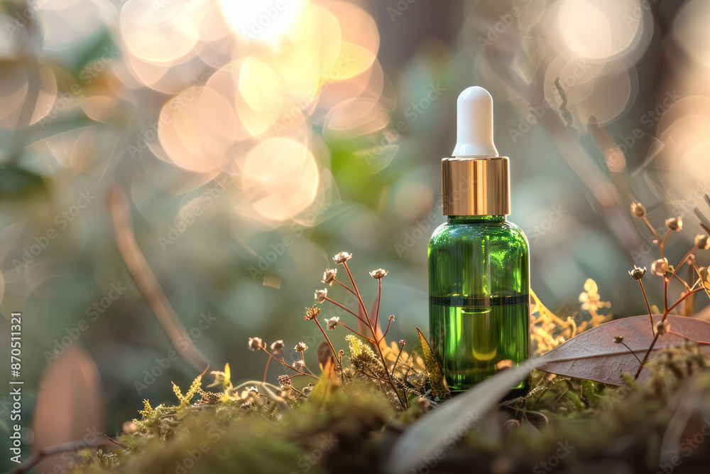 Green dropper bottle of essential oil placed on a mossy surface with a bokeh background.
Green dropper bottle of essential oil placed on a mossy surface with a bokeh background.