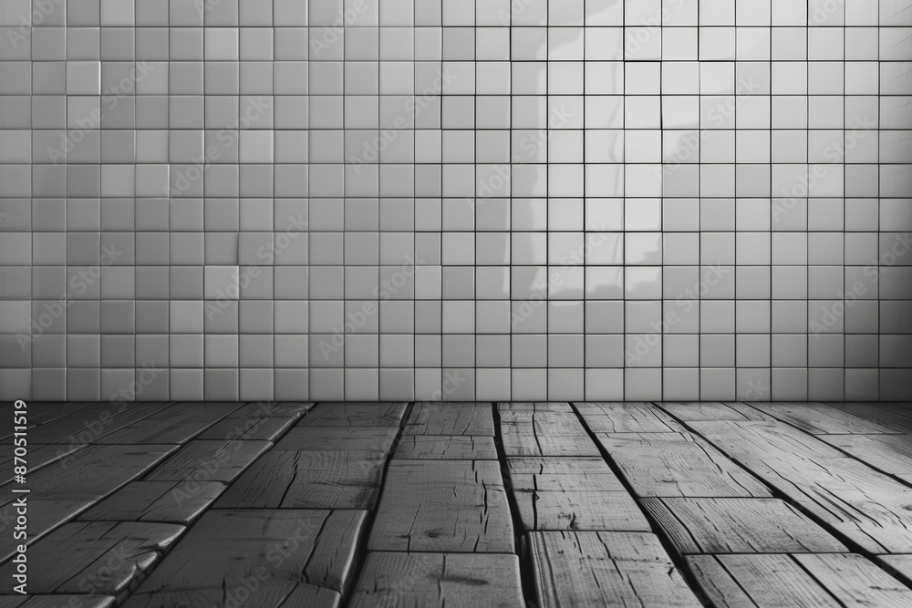 Monochrome interior with wooden floor and tiled wall Monochrome interior with wooden floor and tiled wall