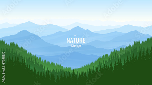 A beautiful landscape with high mountain ranges and dense forest. Clear blue sky. Sunrise in the mountains. Travel concept. Nature landscape. Vector illustration.