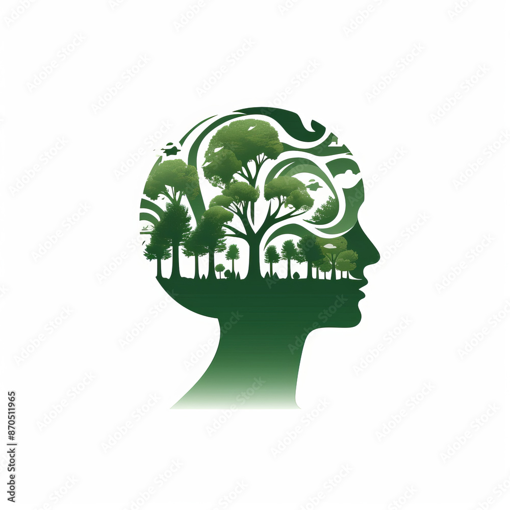 An artistic representation of a womans head silhouette with trees inside, symbolizing nature and growth. The design could be used as a logo or art piece An artistic representation of a womans head silhouette with trees inside, symbolizing nature and growth. The design could be used as a logo or art piece