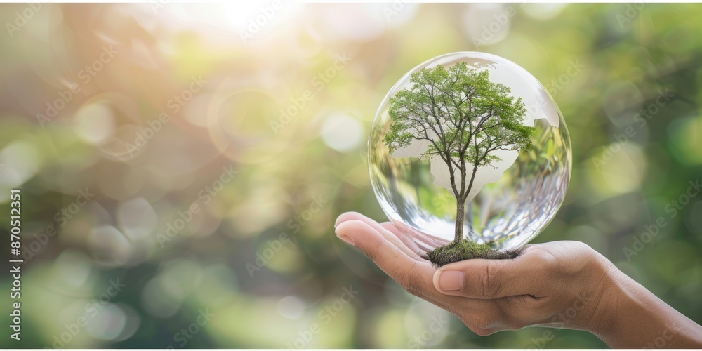 Hand holding small tree inside a transparent glass sphere with a blurred green background. Hand holding small tree inside a transparent glass sphere with a blurred green background.