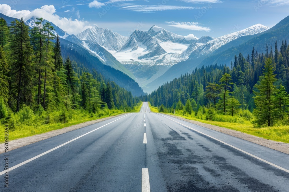 Majestic mountain view with straight highway leading towards snow-capped peaks Majestic mountain view with straight highway leading towards snow-capped peaks