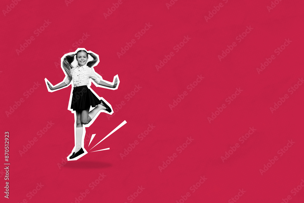 Composite photo collage of happy blonde girl jump school education fun knowledge primary pupil isolated on painted background